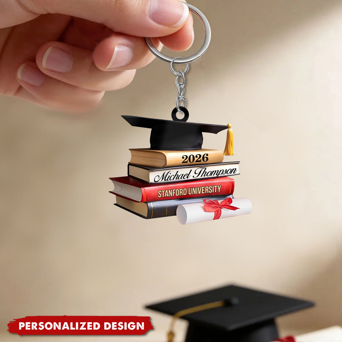 Personalized Cap With Book Graduation Keychain - Custom Name & University Keepsake