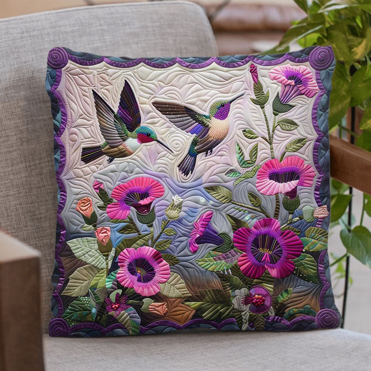 Purple Hummingbirds Pillow - Gift For Bird Lovers