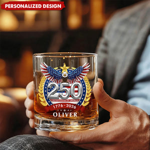 Personalized 250th Anniversary American Eagle Whiskey Glass – Custom Name Patriotic Gift