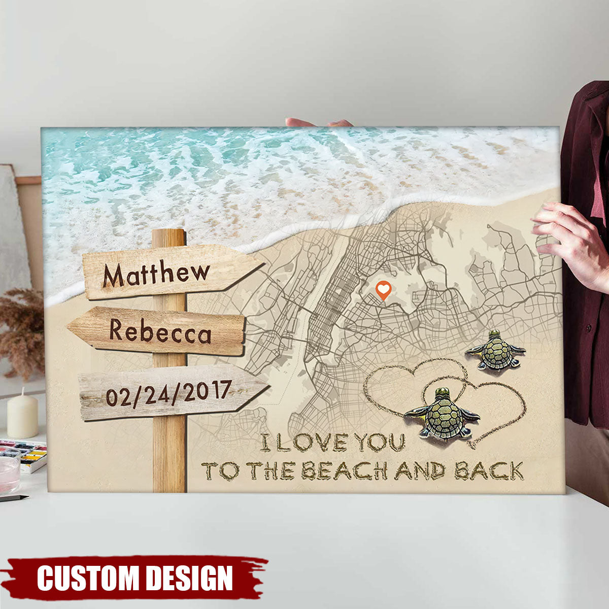 I Love You To The Beach And Back – Sea Turtles Personalized City Map Poster, Anniversary Gift For Couple