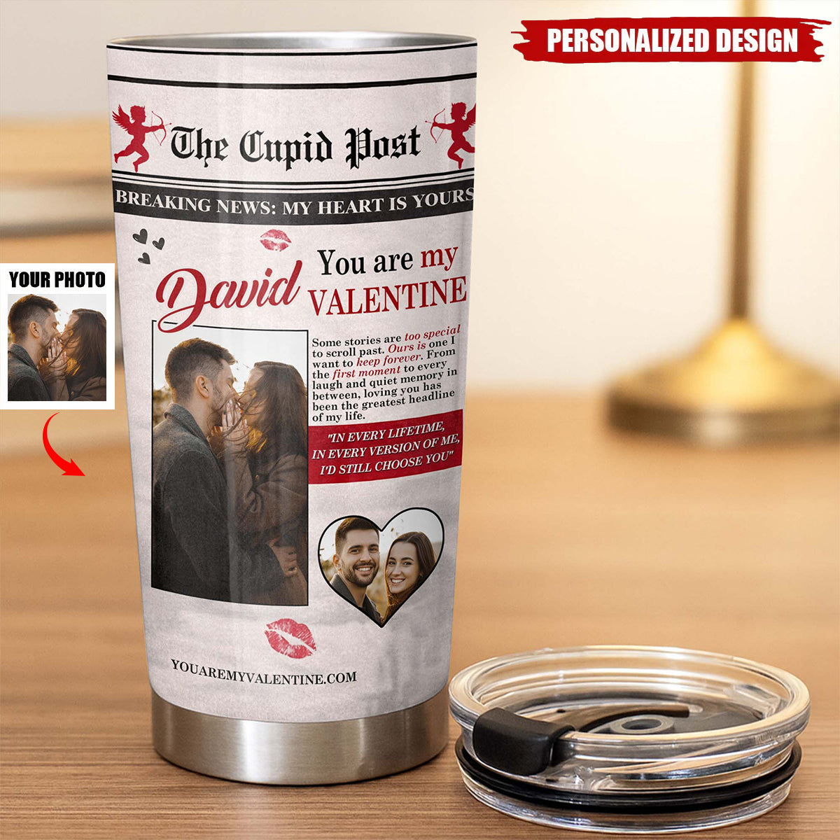 Personalized "The Cupid Post" Newspaper Valentine Tumbler — Custom Photo & Name