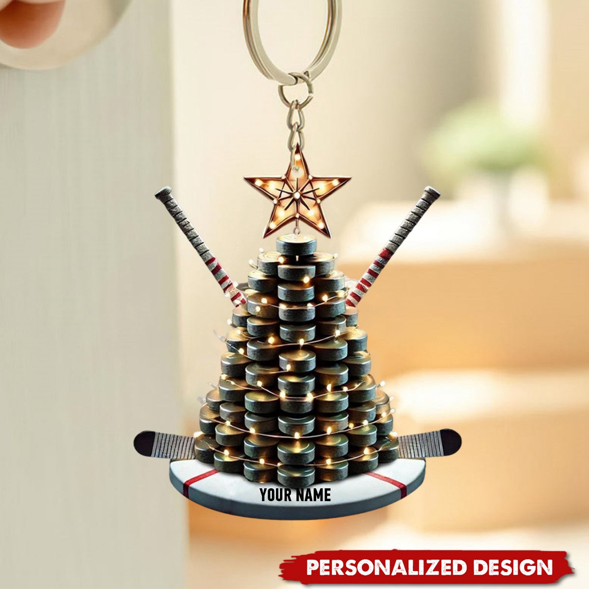 Personalized Hockey Keychain with Puck Tree and Sticks - Gift For Hockey Lovers - 2024 New Release