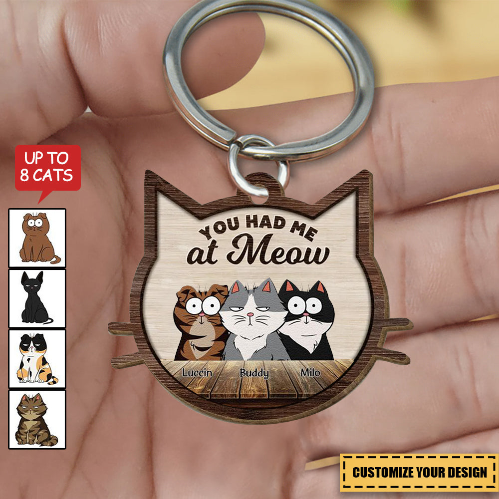 Cat Face Shaped Funny Cat Expressions Personalized Wooden Keychain