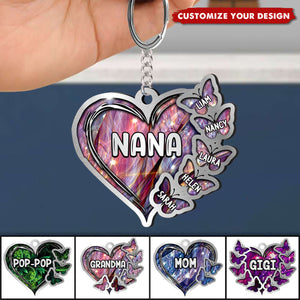 Sparkling Grandma- Mom Heart Butterfly Kids, Multi Colors Personalized Acrylic Keychain