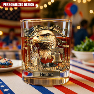 1776–2026 USA 250th Anniversary Whiskey Glass – Personalized Patriotic Keepsake