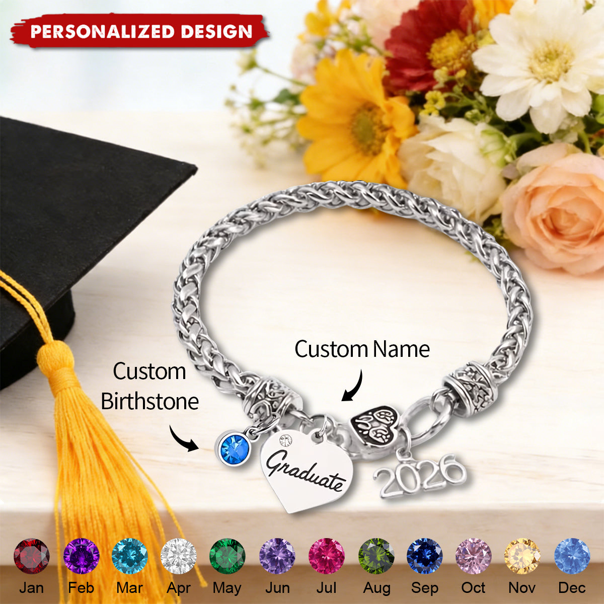 Personalized 2026 Graduation Bracelet -  Custom Name & Birthstone Grad Gift
