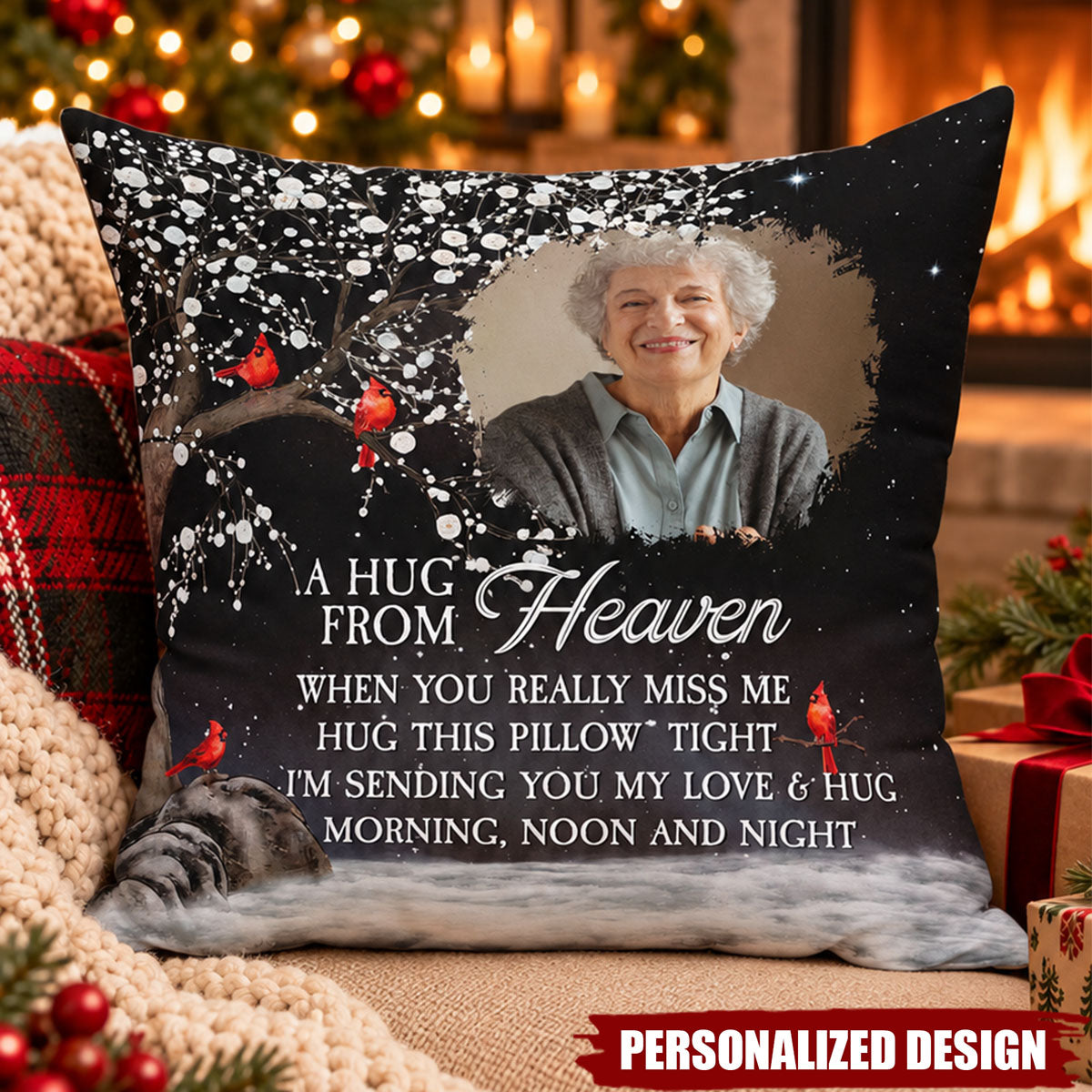 Personalized Photo Memorial Pillow - A Hug From Heaven Red Cardinal Sympathy Gift