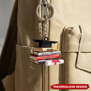 Personalized Cap With Book Graduation Keychain - Custom Name & University Keepsake