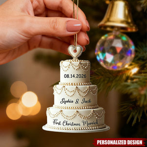 Personalized Luxury Pearl Wedding Cake Christmas Ornament - Custom Date and Name