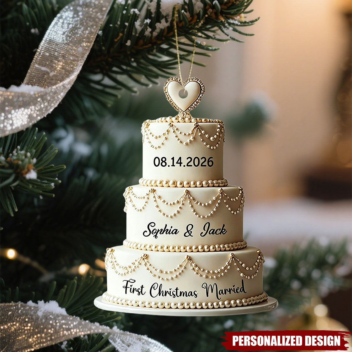 Personalized Luxury Pearl Wedding Cake Christmas Ornament - Custom Date and Name