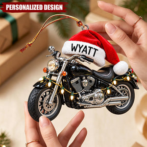 Personalized Motorcycle Santa Hat Acrylic Christmas Ornament - Custom Name Biker Hanging Ornament