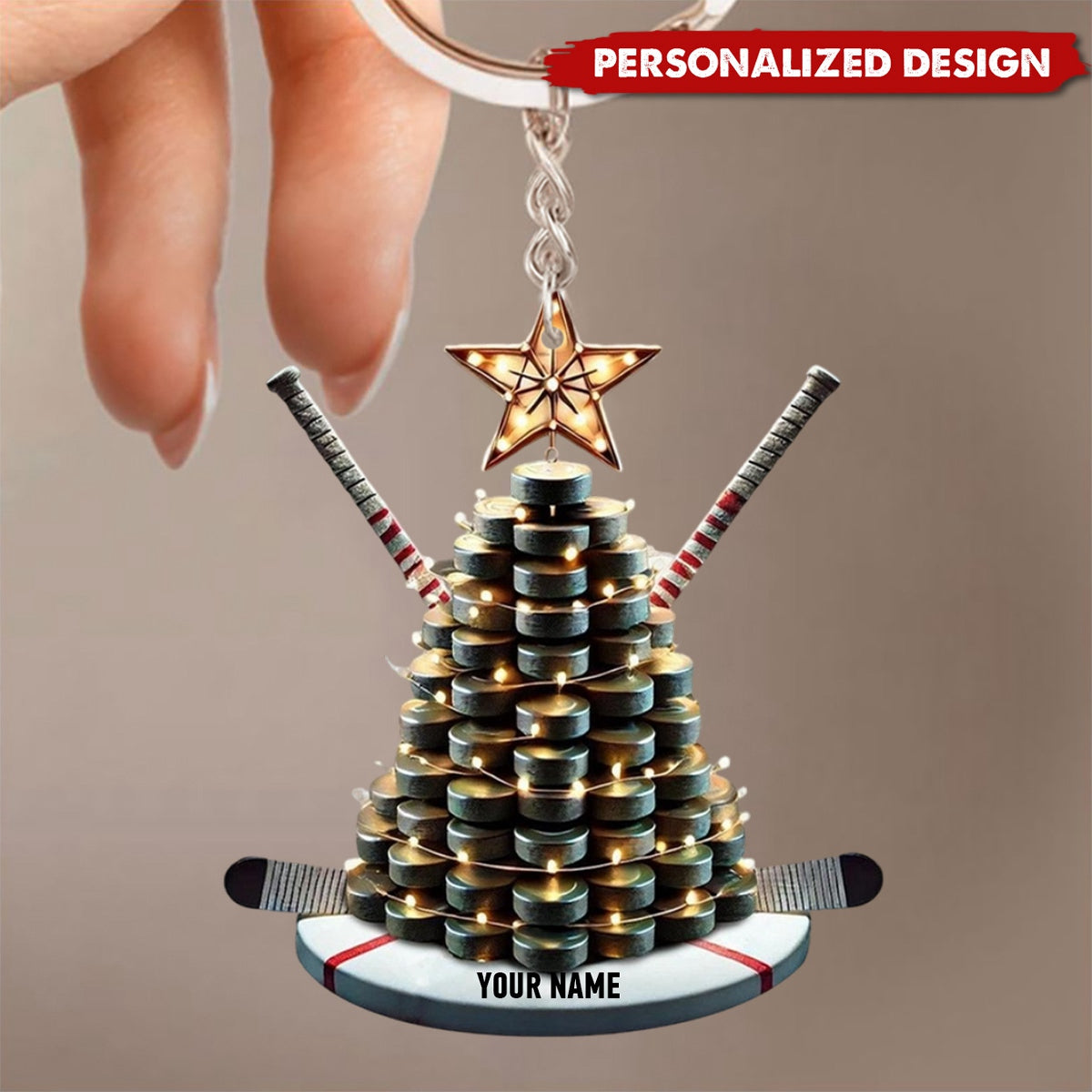 Personalized Hockey Keychain with Puck Tree and Sticks - Gift For Hockey Lovers - 2024 New Release