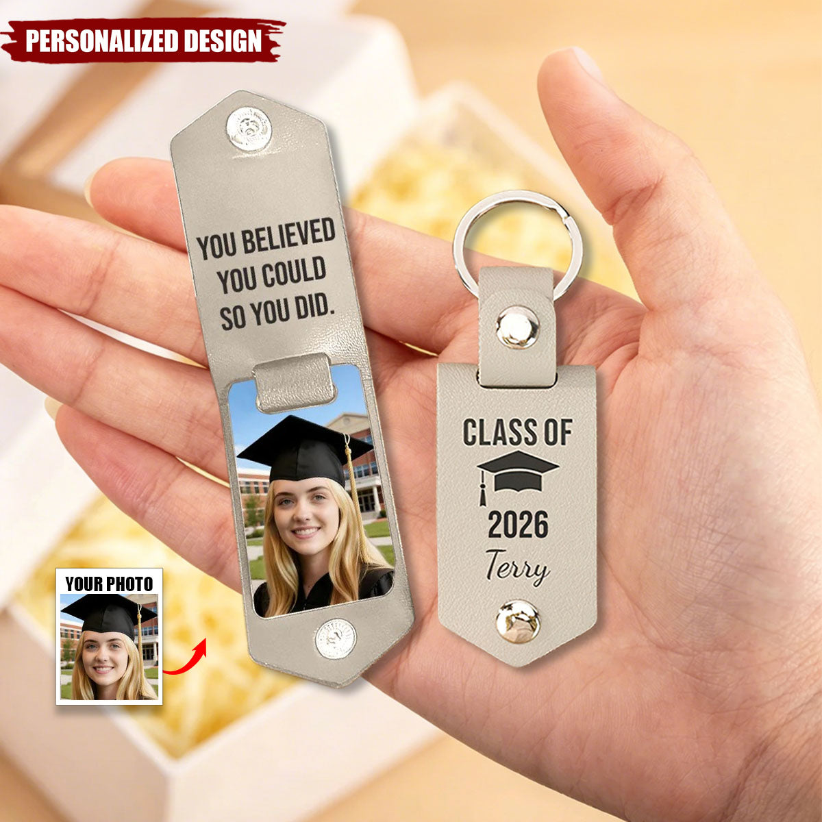 Personalized Leather Photo Keychain, Class of 2026 Graduation Gift