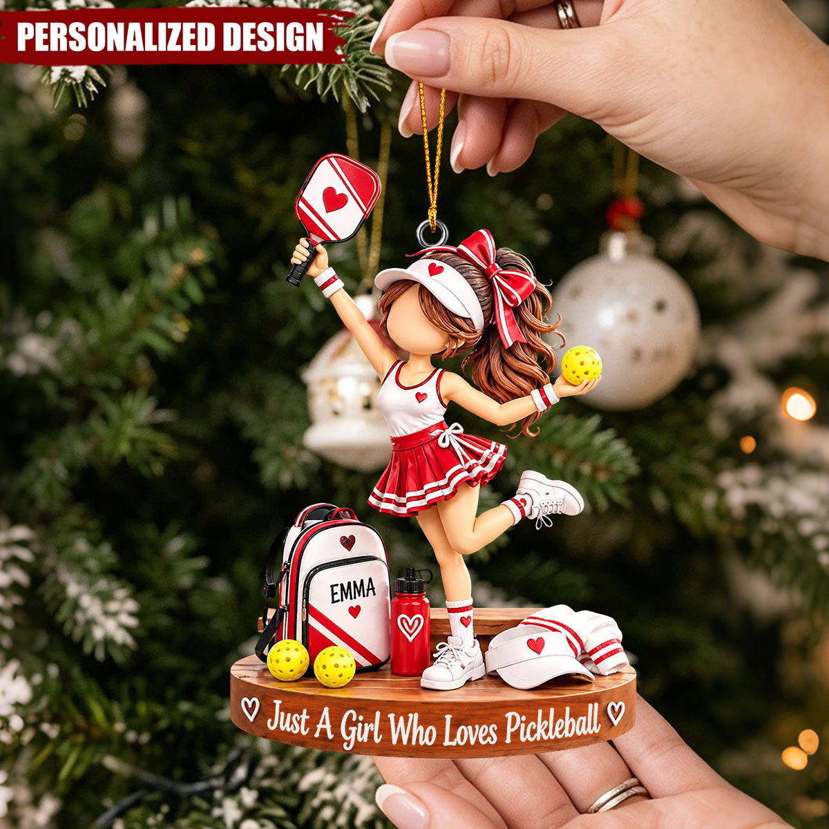Red Skirt Pickleball Girl Acrylic Hanging Ornament - Customizable Sports Gift
