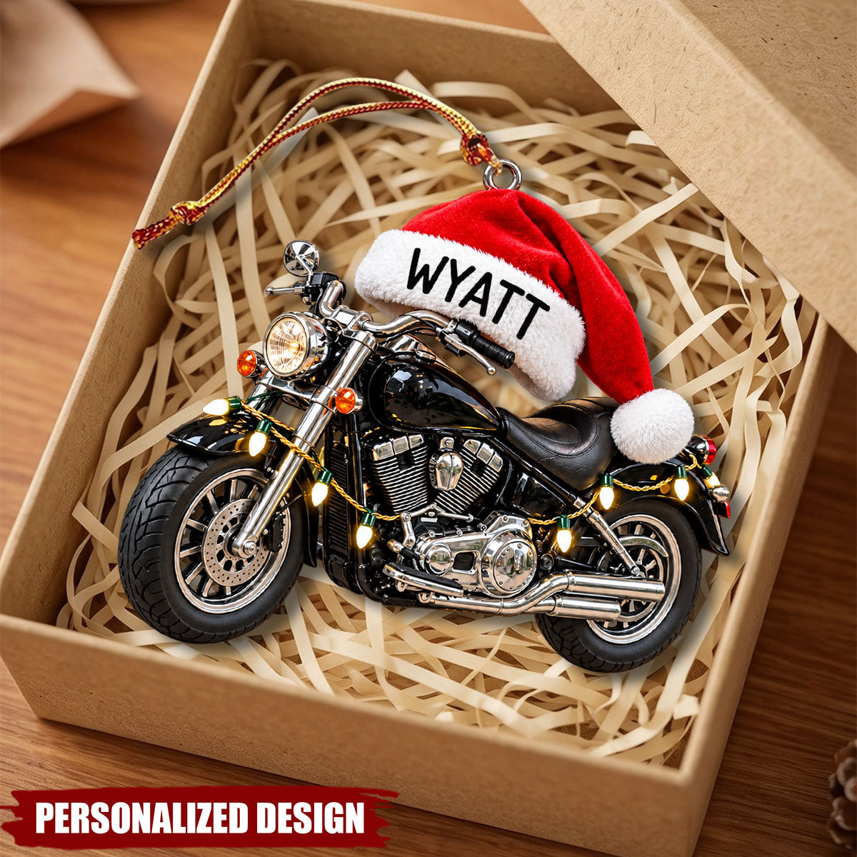 Personalized Motorcycle Santa Hat Acrylic Christmas Ornament - Custom Name Biker Hanging Ornament