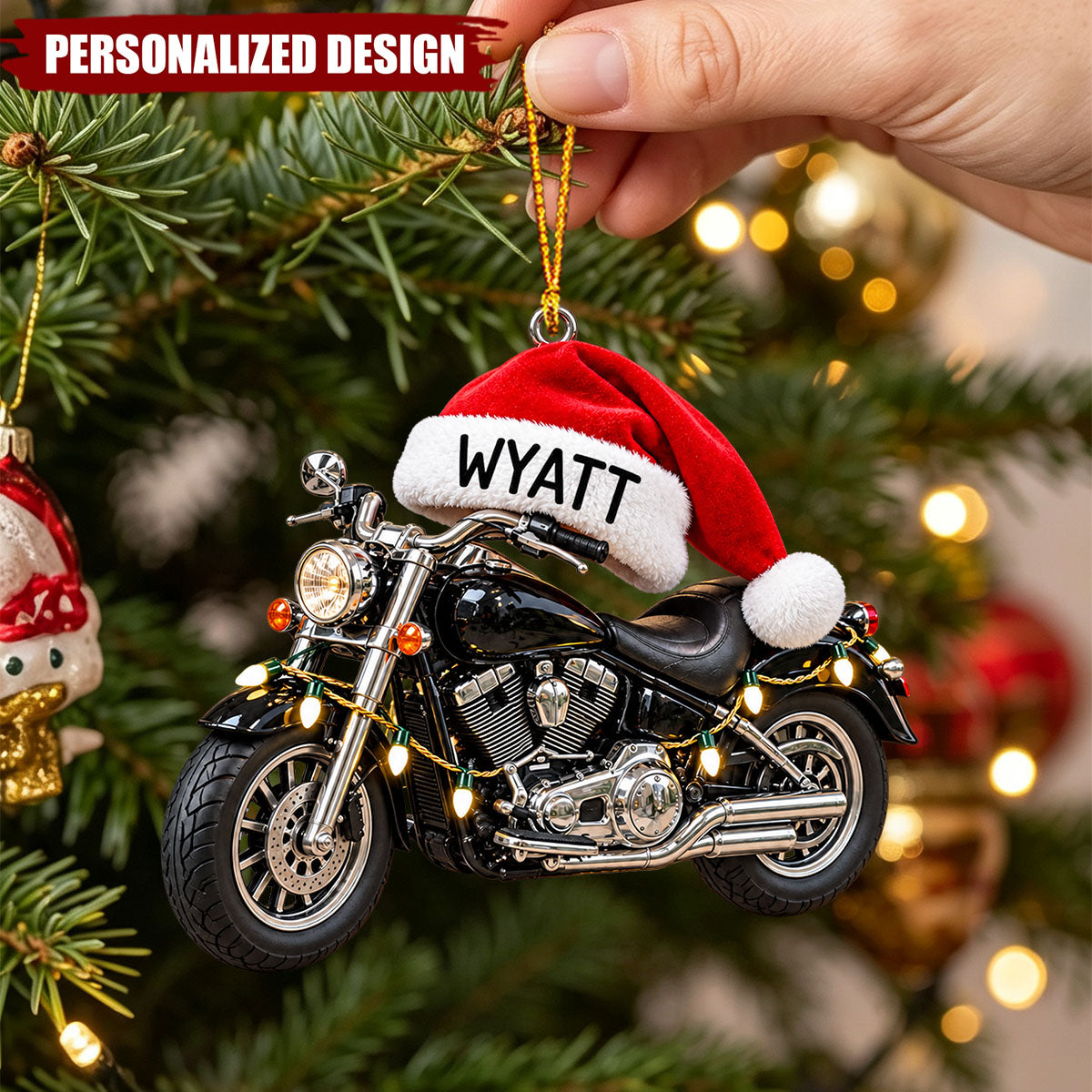 Personalized Motorcycle Santa Hat Acrylic Christmas Ornament - Custom Name Biker Hanging Ornament