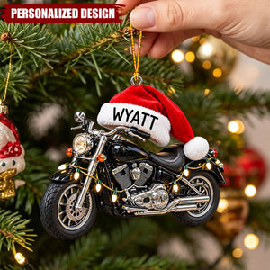 Personalized Motorcycle Santa Hat Acrylic Christmas Ornament - Custom Name Biker Hanging Ornament