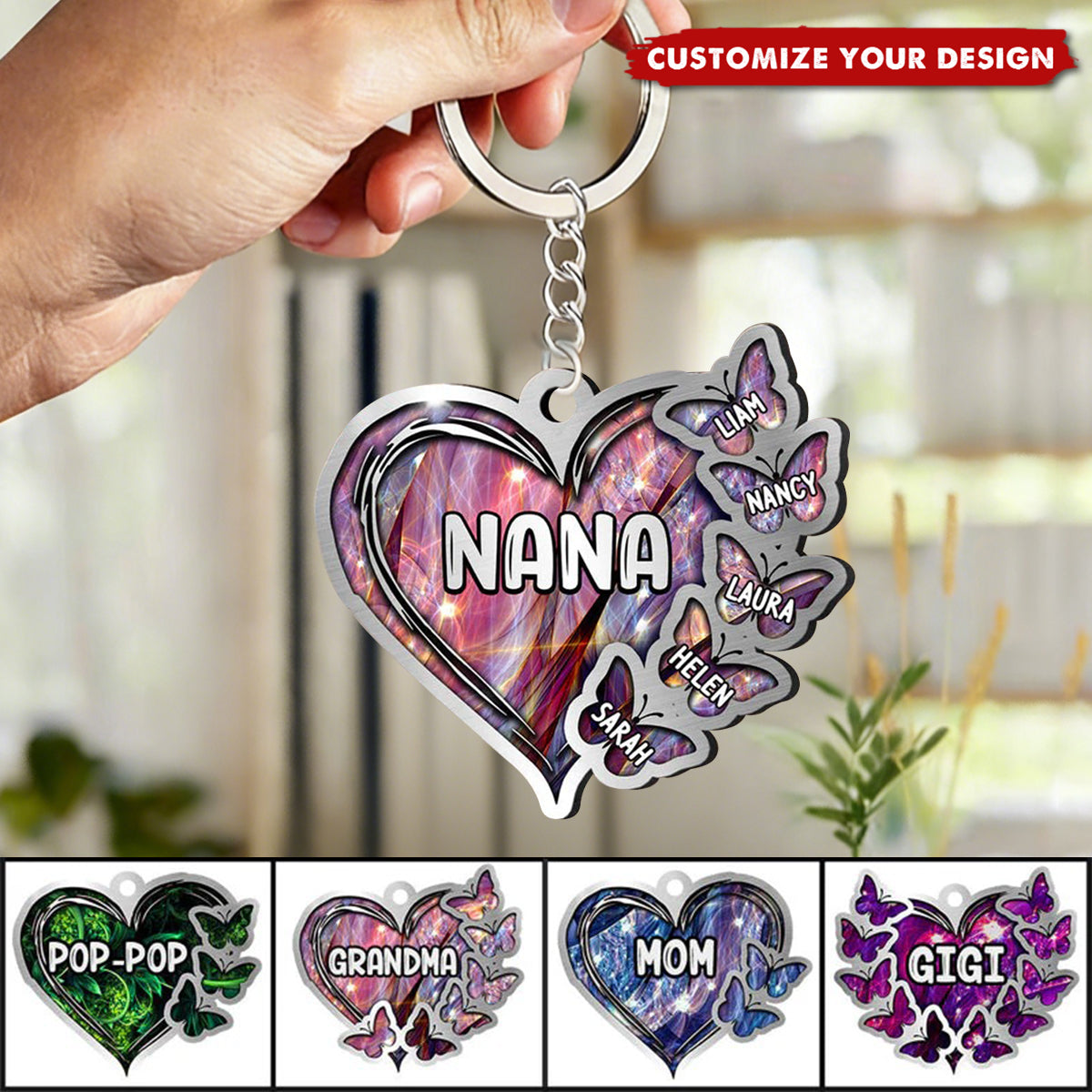 Sparkling Grandma- Mom Heart Butterfly Kids, Multi Colors Personalized Acrylic Keychain