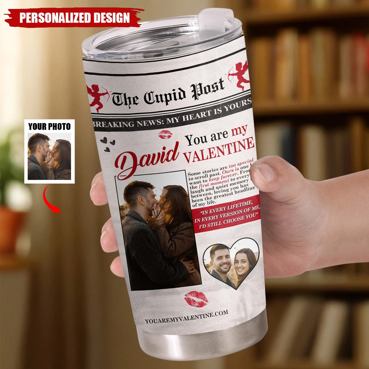 Personalized "The Cupid Post" Newspaper Valentine Tumbler — Custom Photo & Name