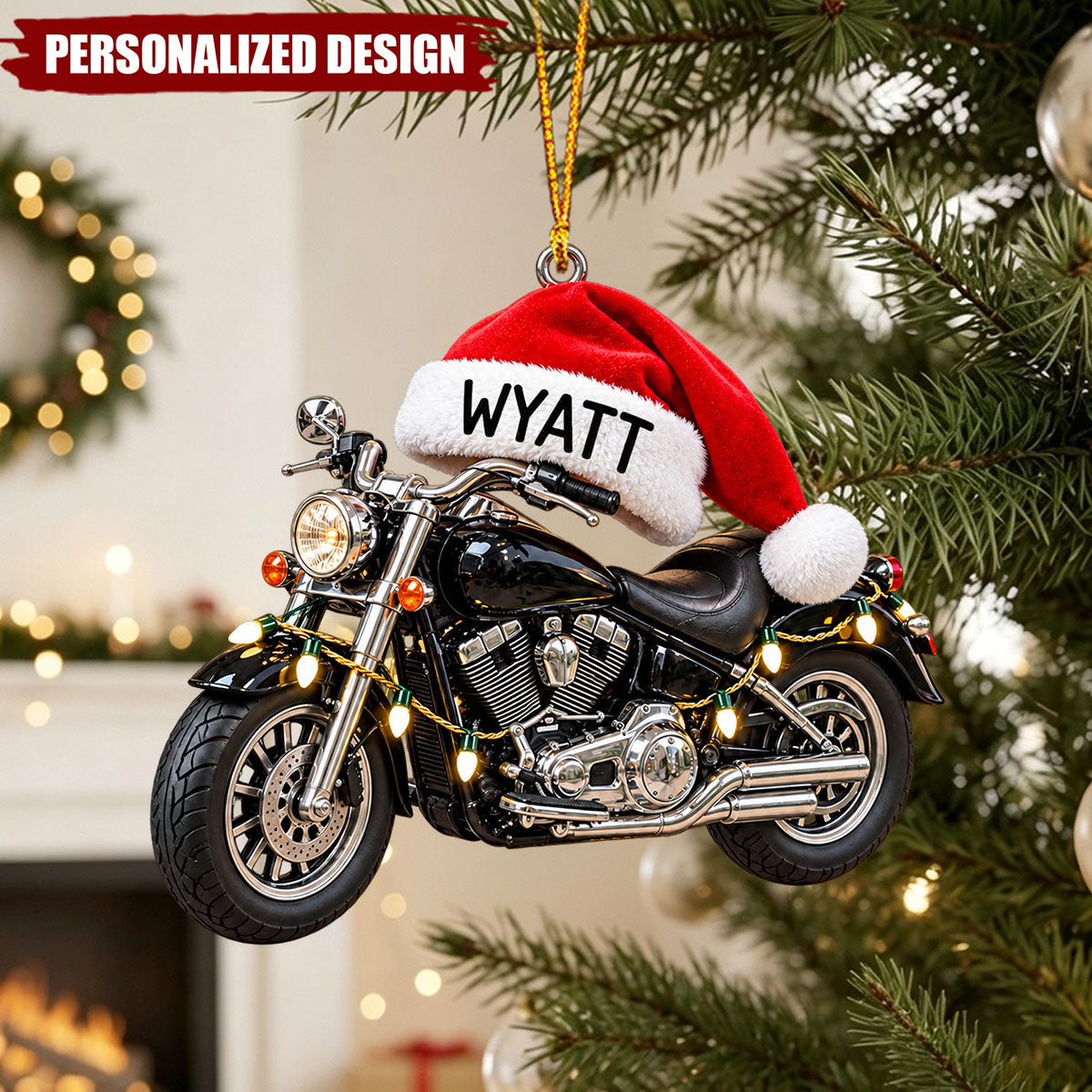 Personalized Motorcycle Santa Hat Acrylic Christmas Ornament - Custom Name Biker Hanging Ornament