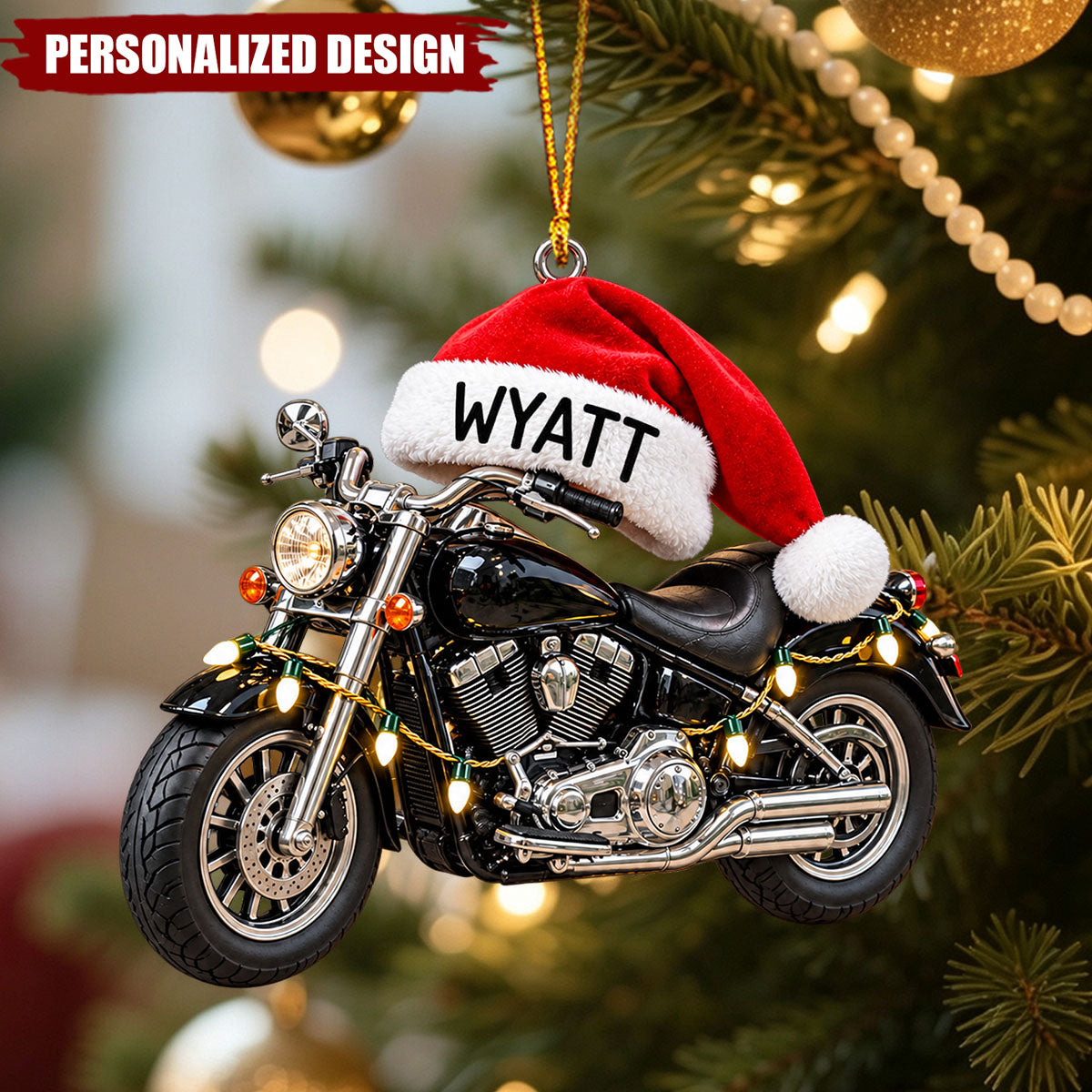 Personalized Motorcycle Santa Hat Acrylic Christmas Ornament - Custom Name Biker Hanging Ornament
