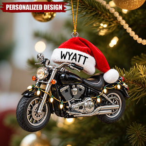 Personalized Motorcycle Santa Hat Acrylic Christmas Ornament - Custom Name Biker Hanging Ornament