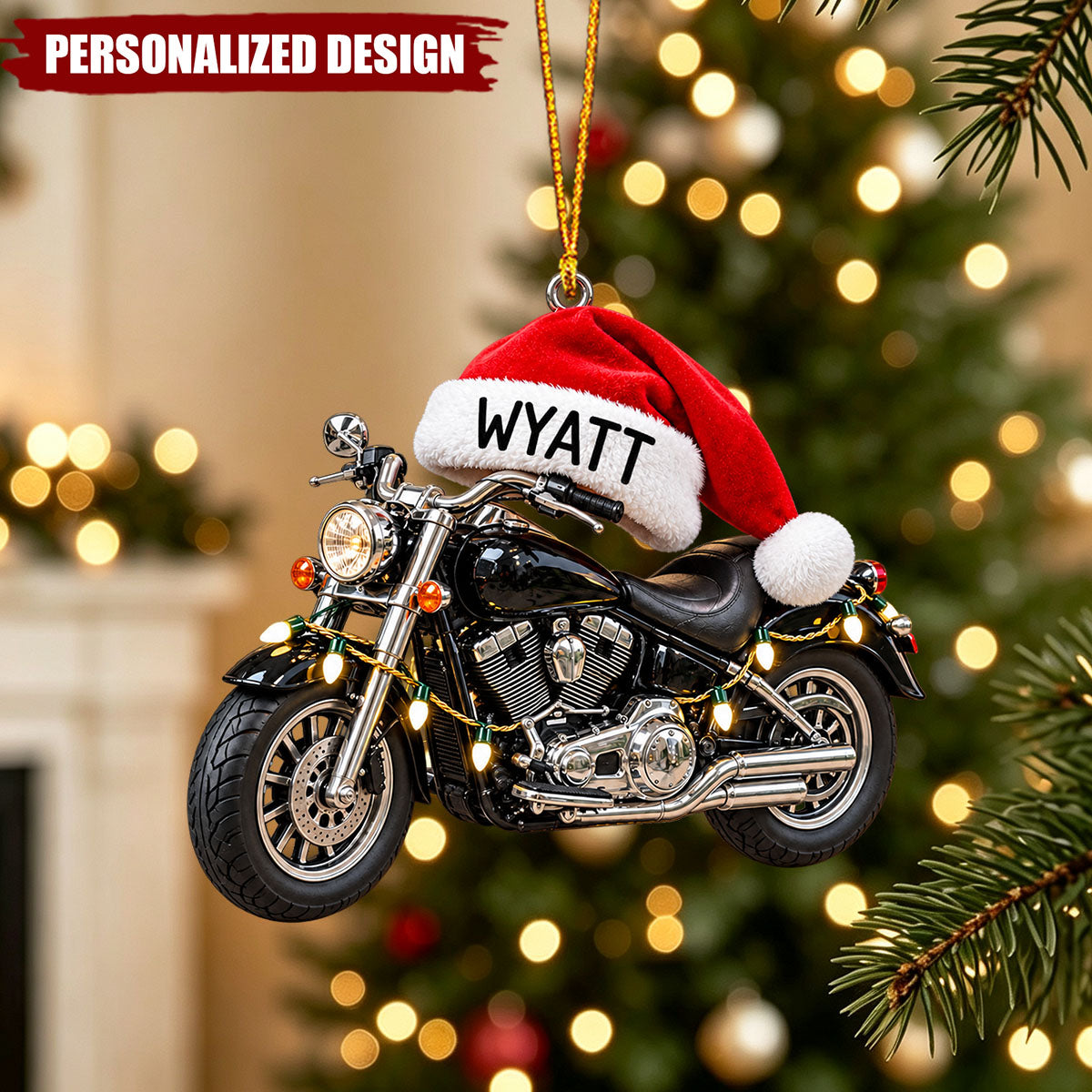 Personalized Motorcycle Santa Hat Acrylic Christmas Ornament - Custom Name Biker Hanging Ornament