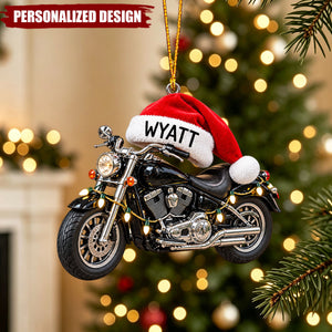 Personalized Motorcycle Santa Hat Acrylic Christmas Ornament - Custom Name Biker Hanging Ornament