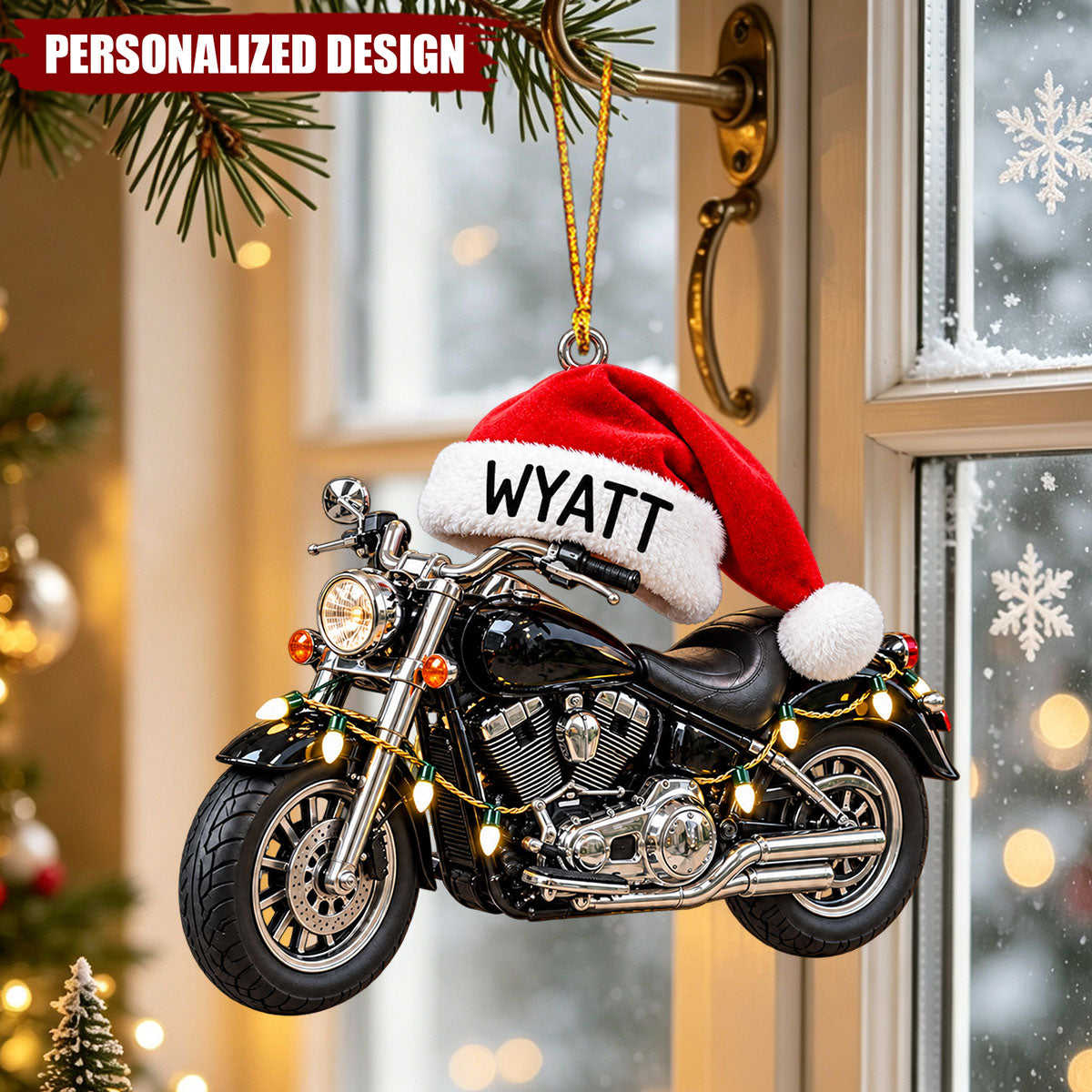 Personalized Motorcycle Santa Hat Acrylic Christmas Ornament - Custom Name Biker Hanging Ornament