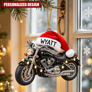 Personalized Motorcycle Santa Hat Acrylic Christmas Ornament - Custom Name Biker Hanging Ornament