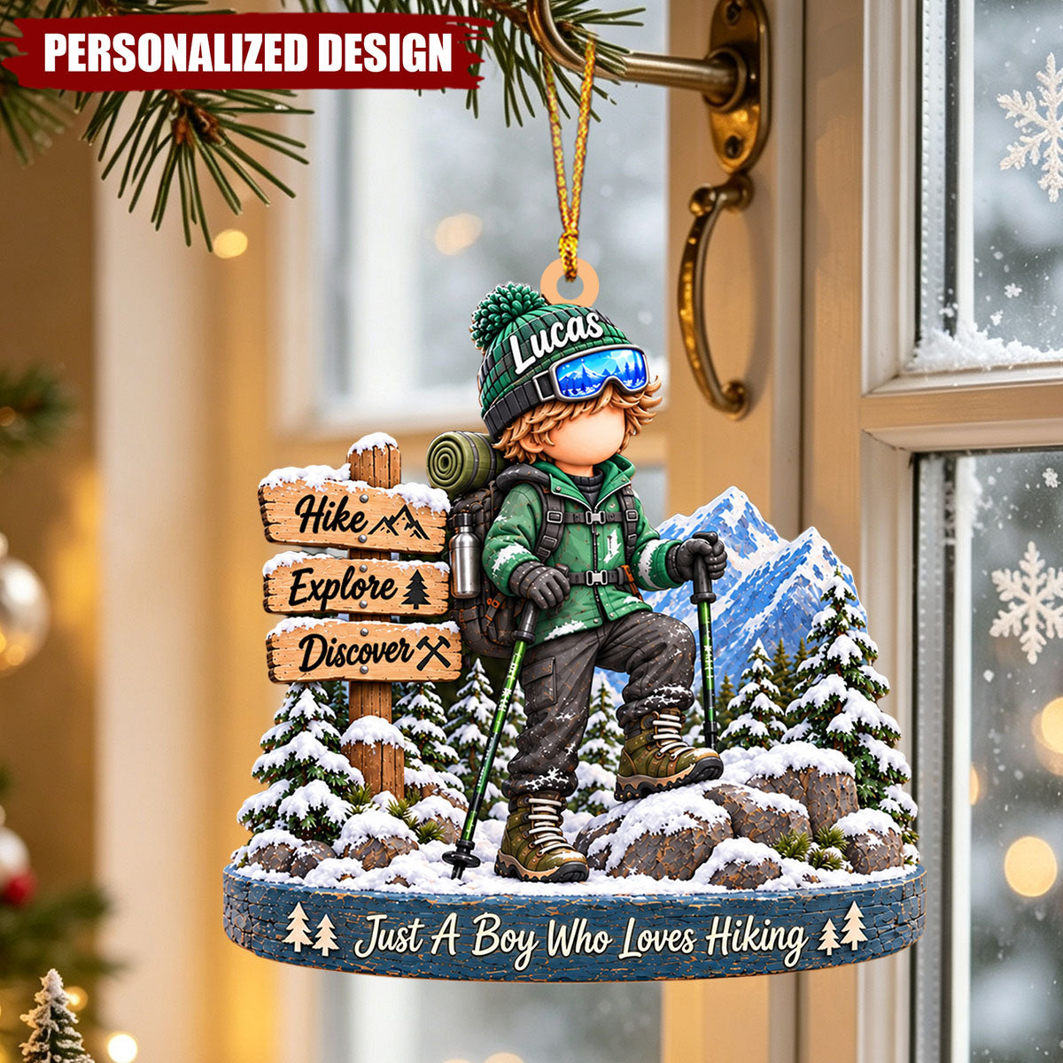 Personalized Outdoor Adventure Boy Christmas Ornament - Hiking Lover Acrylic Keepsake