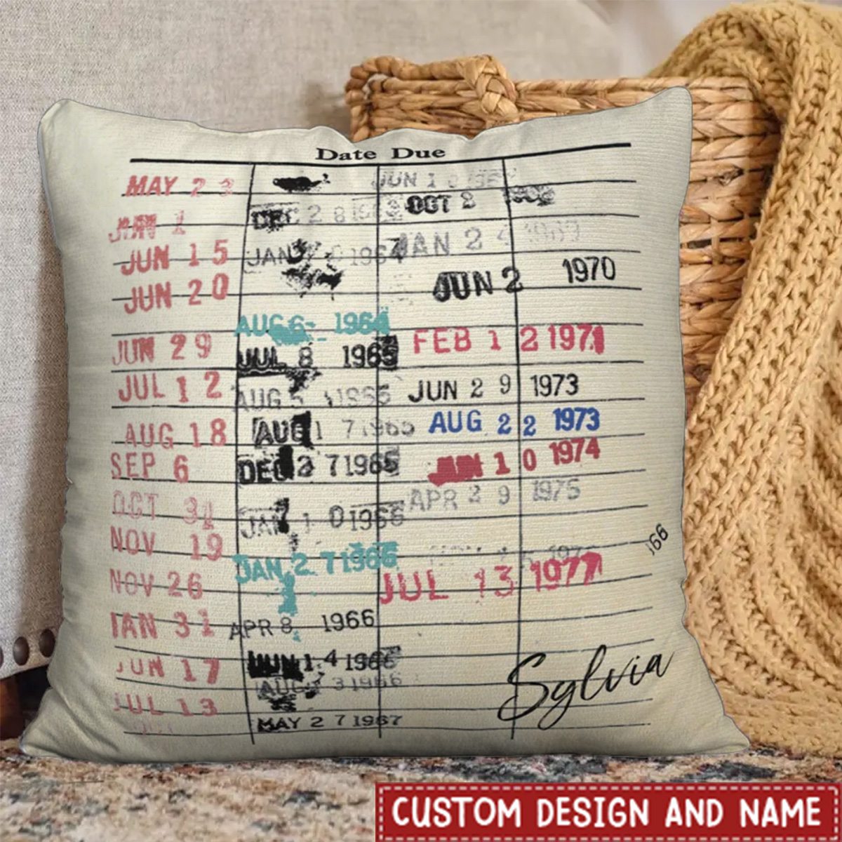 Personalized Retro Library Date Due Card Cushion Throw Pillow Cover Gifts for Book Lovers Readers