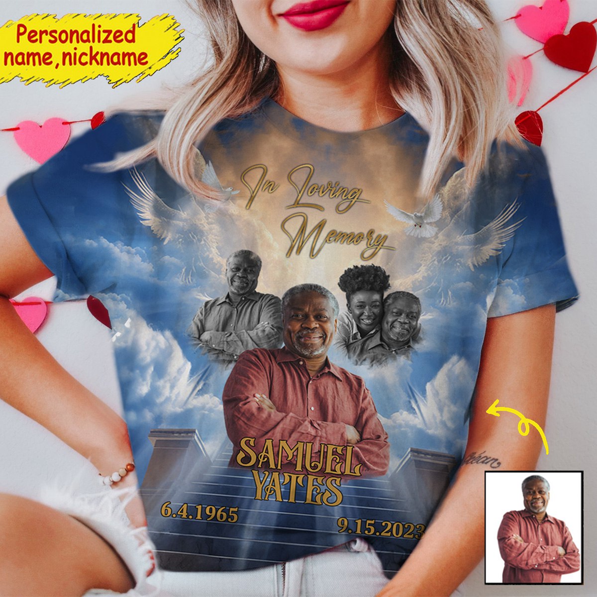 Heaven Memorial Background Upload Photo Personalized 3D T-shirt