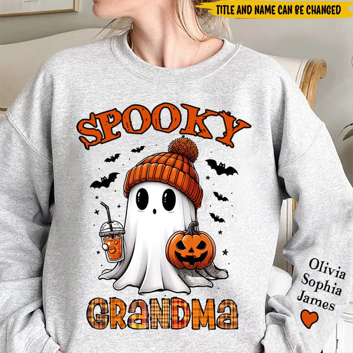 Spooky Grandma Ghost Enter Kid Names On Sleeve Personalized Sweatshirt