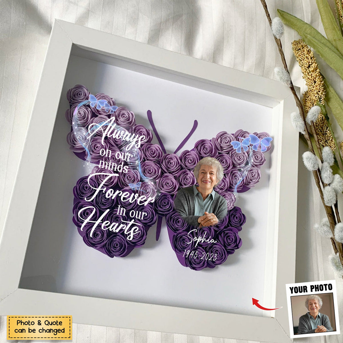 Personalized Butterfly Memorial Flower Shadow Box, Sympathy Gifts For Loss Of Family