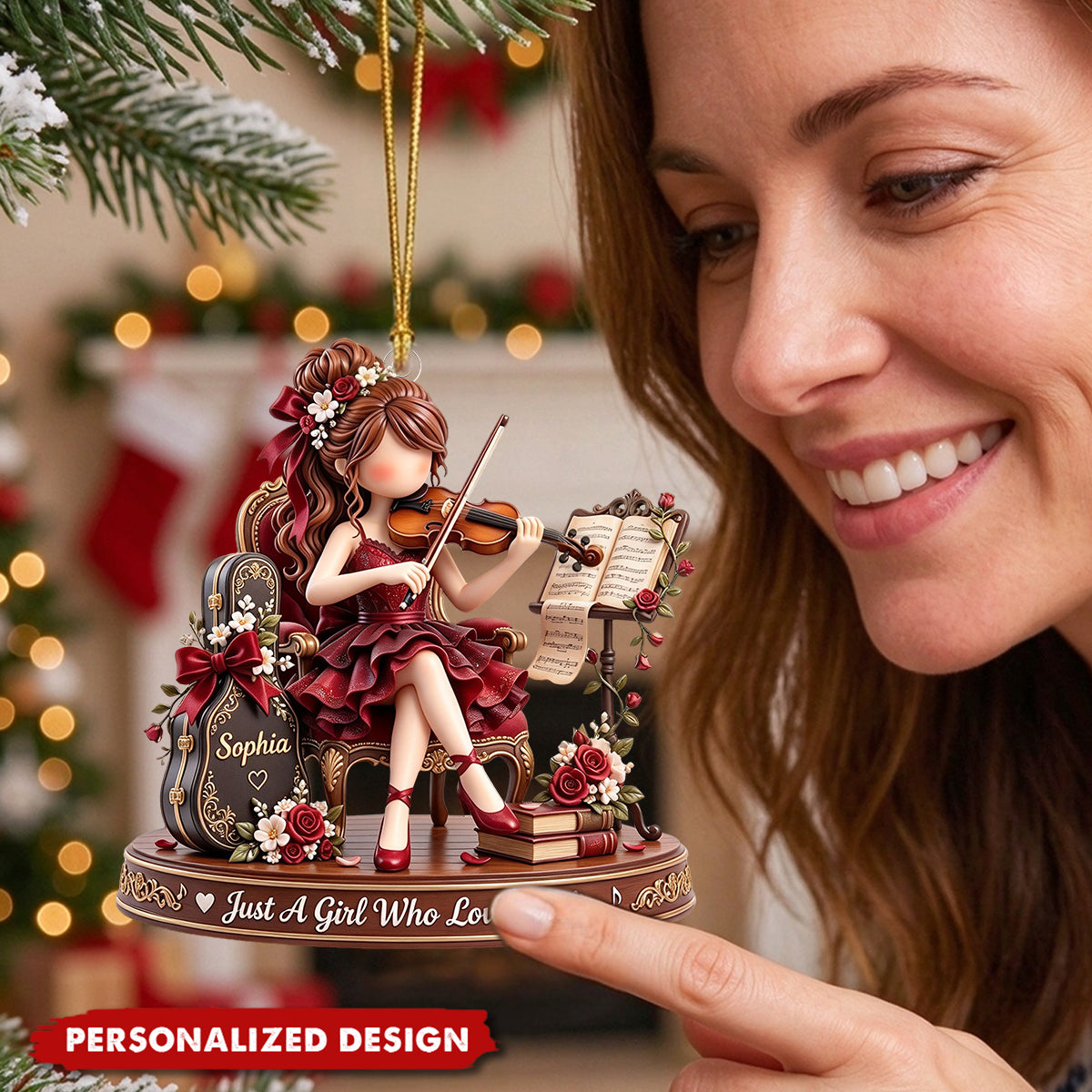 Vintage Violin Girl Custom Acrylic Ornament, Classical Music Themed Gift