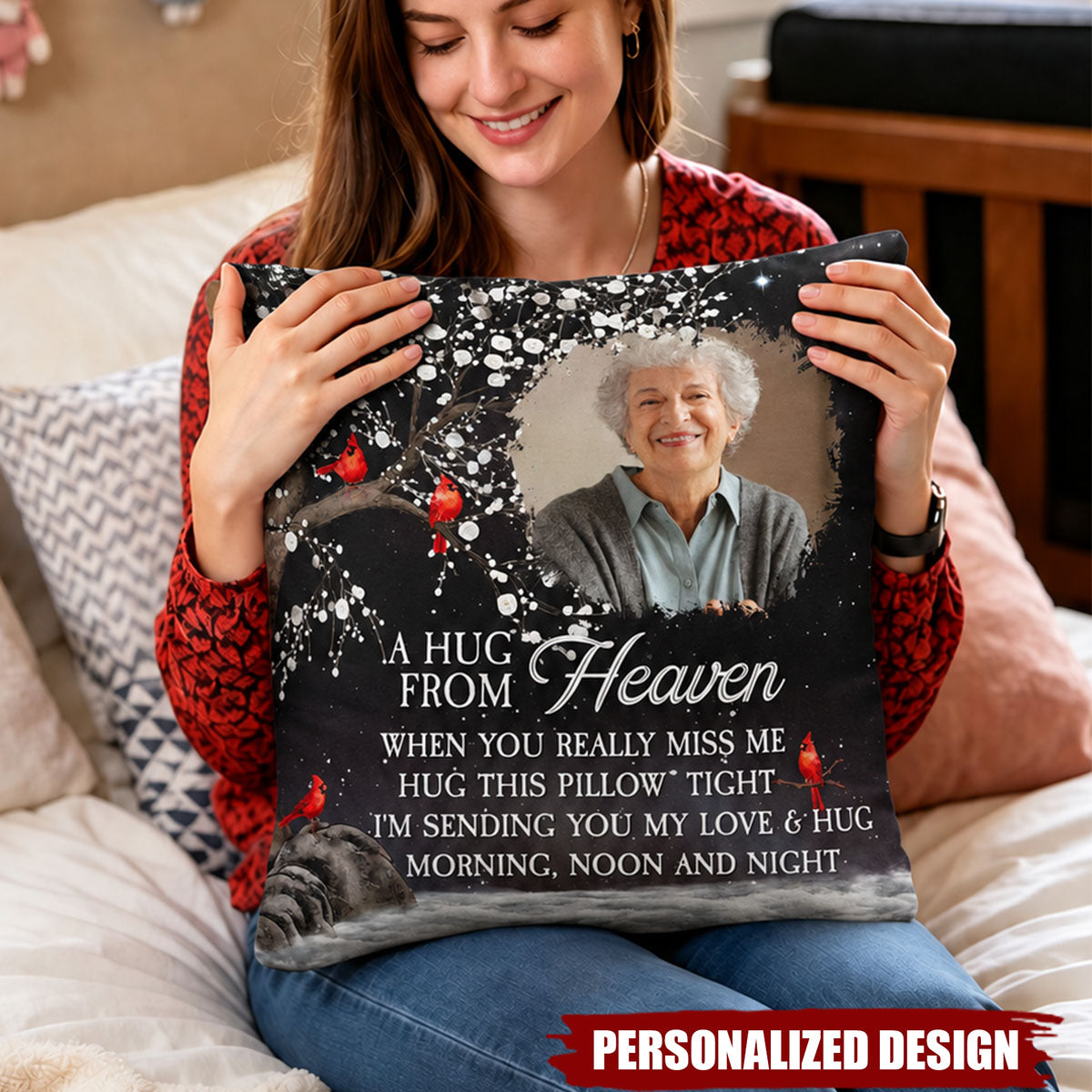 Personalized Photo Memorial Pillow - A Hug From Heaven Red Cardinal Sympathy Gift