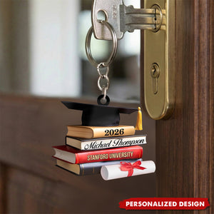 Personalized Cap With Book Graduation Keychain - Custom Name & University Keepsake