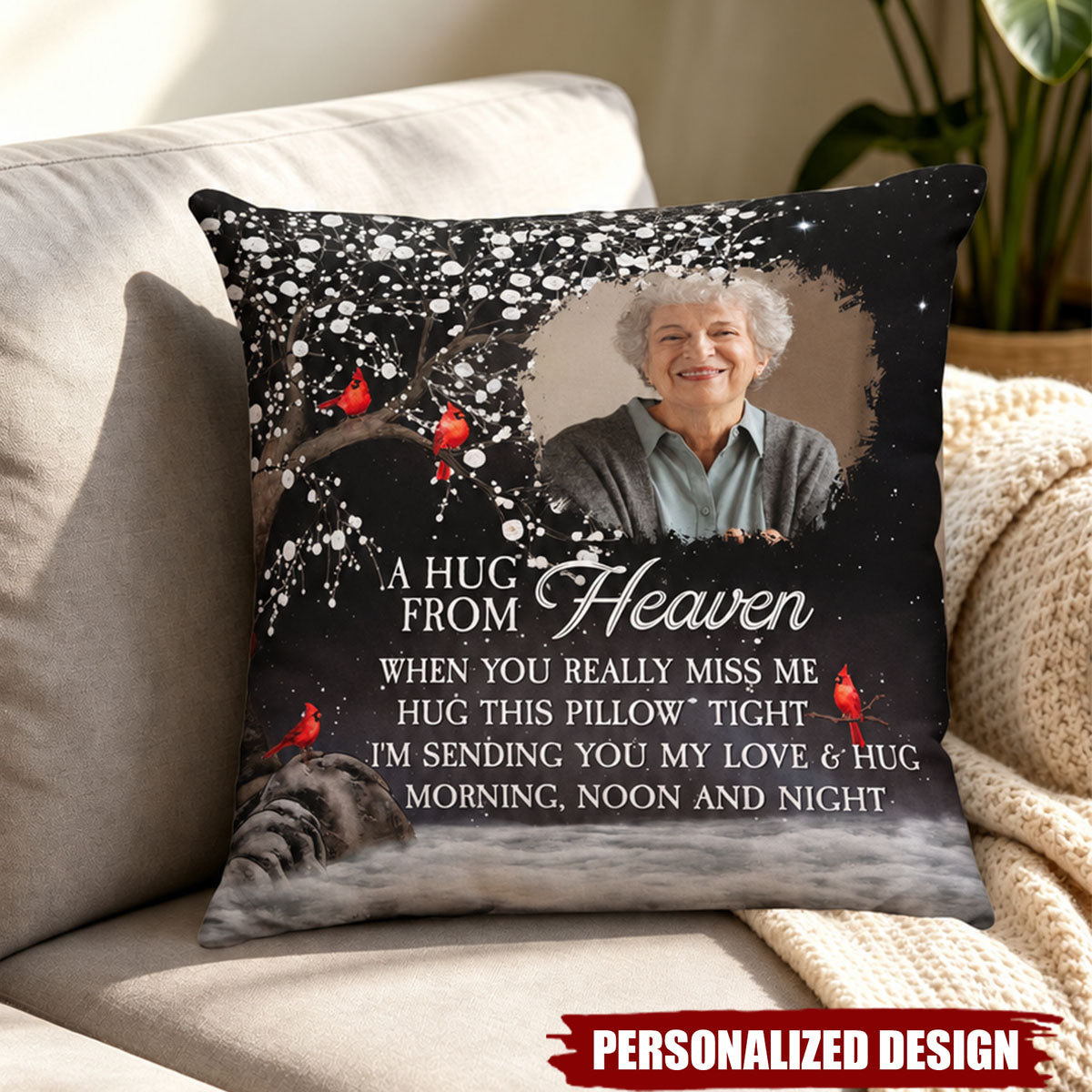 Personalized Photo Memorial Pillow - A Hug From Heaven Red Cardinal Sympathy Gift