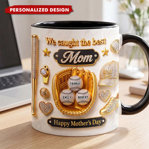 Personalized Baseball We Caught The Best Mom Mug - Custom Kids Names Mother's Day Gift