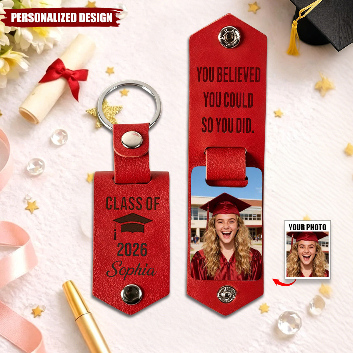 Personalized Leather Photo Keychain, Class of 2026 Graduation Gift