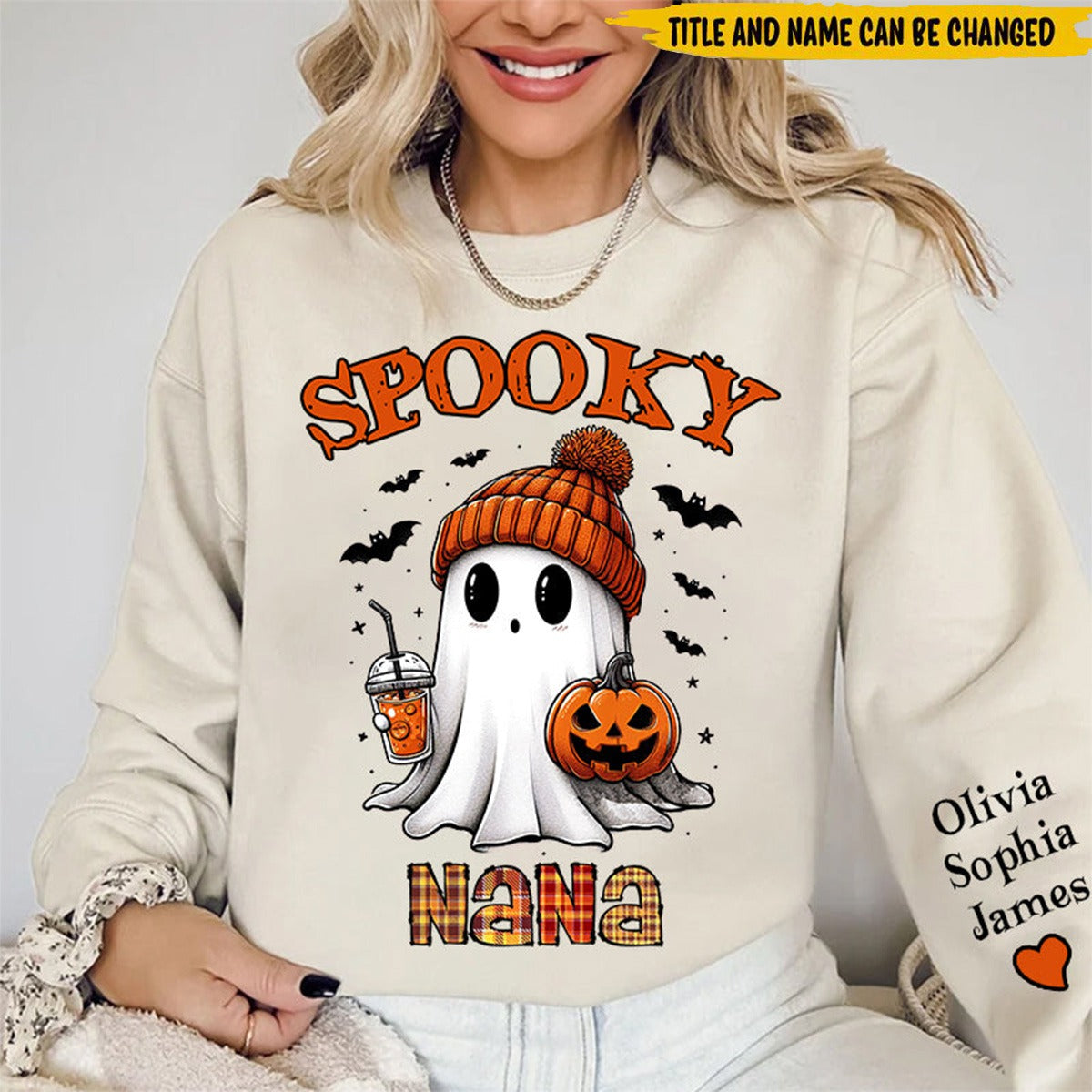 Spooky Grandma Ghost Enter Kid Names On Sleeve Personalized Sweatshirt