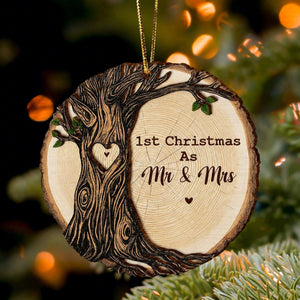 Personalized Wooden Tree Slice Ornament 1st Christmas As Mr & Mrs Custom Couple Names Year Xmas Decor