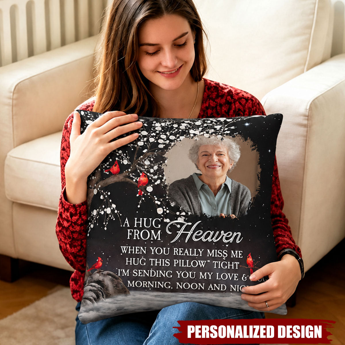 Personalized Photo Memorial Pillow - A Hug From Heaven Red Cardinal Sympathy Gift