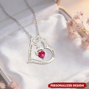Personalized Graduation Heart Necklace – Custom Name Birthstone Gift for Graduate