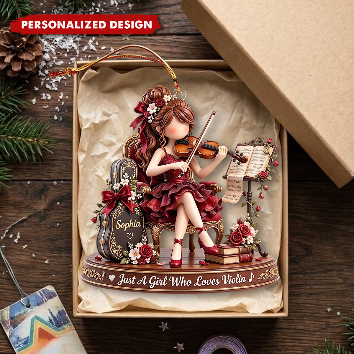 Vintage Violin Girl Custom Acrylic Ornament, Classical Music Themed Gift
