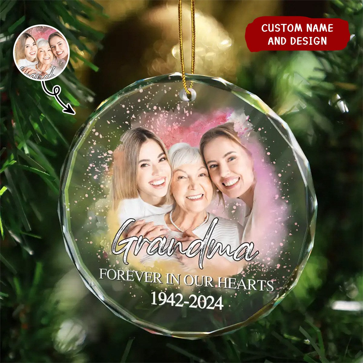 Custom Photo Memorial Forever Our My Hearts - Personalized Circle Glass Ornament