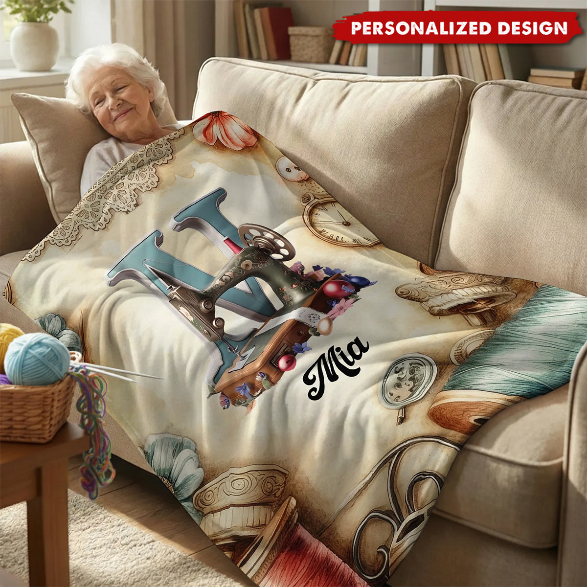 Personalized Sewing Machine Blanket - Custom Name Gift for Sewing Lovers
