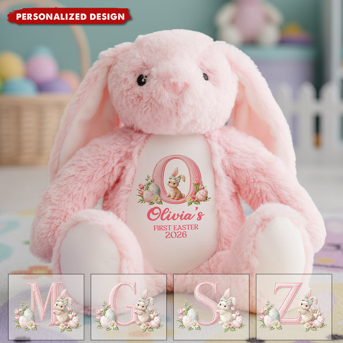 Personalized Baby Bunny Plush Doll– Custom Name & Initial Soft Easter Bunny Gift for Baby