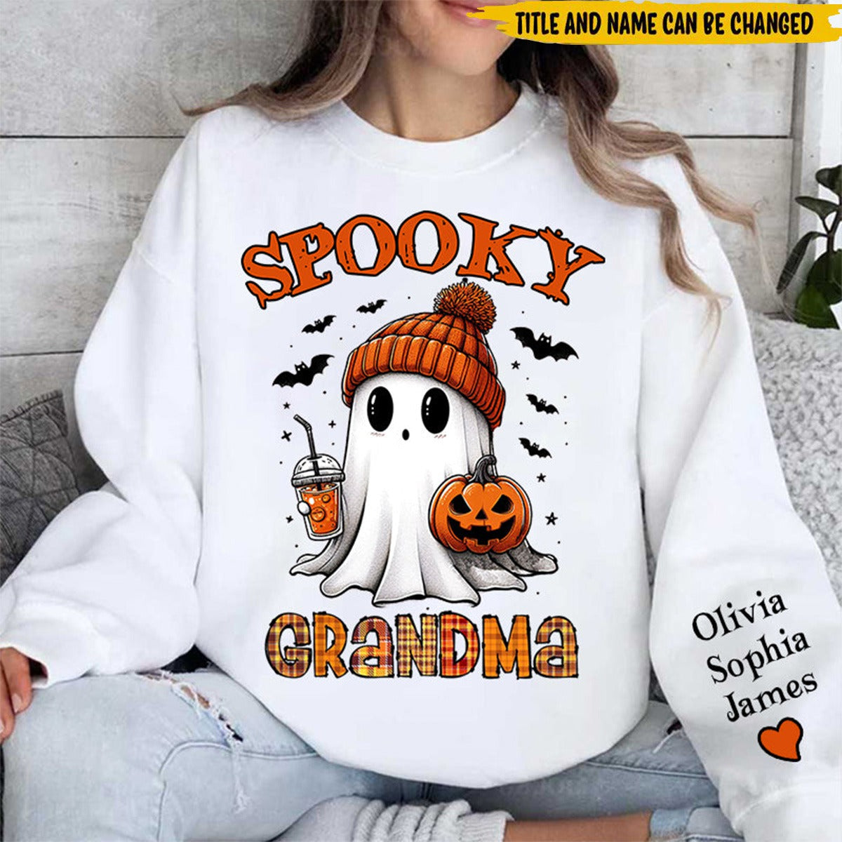 Spooky Grandma Ghost Enter Kid Names On Sleeve Personalized Sweatshirt